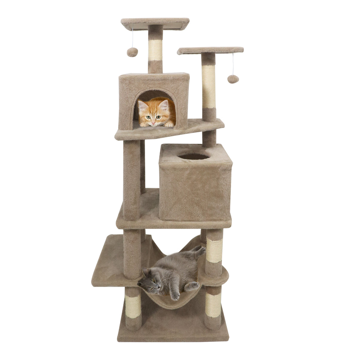 57 Inch Cat Tree with Dual Condos and Hammock and 2 Dangling Balls-Coffee