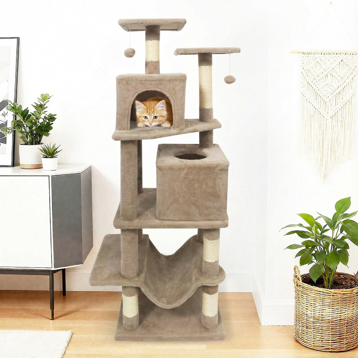 57 Inch Cat Tree with Dual Condos and Hammock and 2 Dangling Balls-Coffee