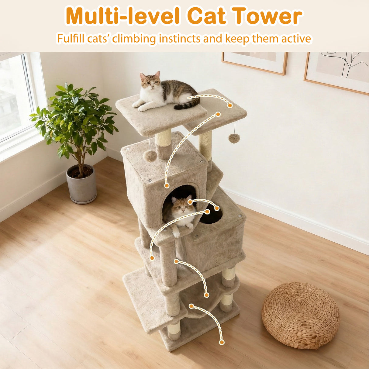 57 Inch Cat Tree with Dual Condos and Hammock and 2 Dangling Balls-Coffee
