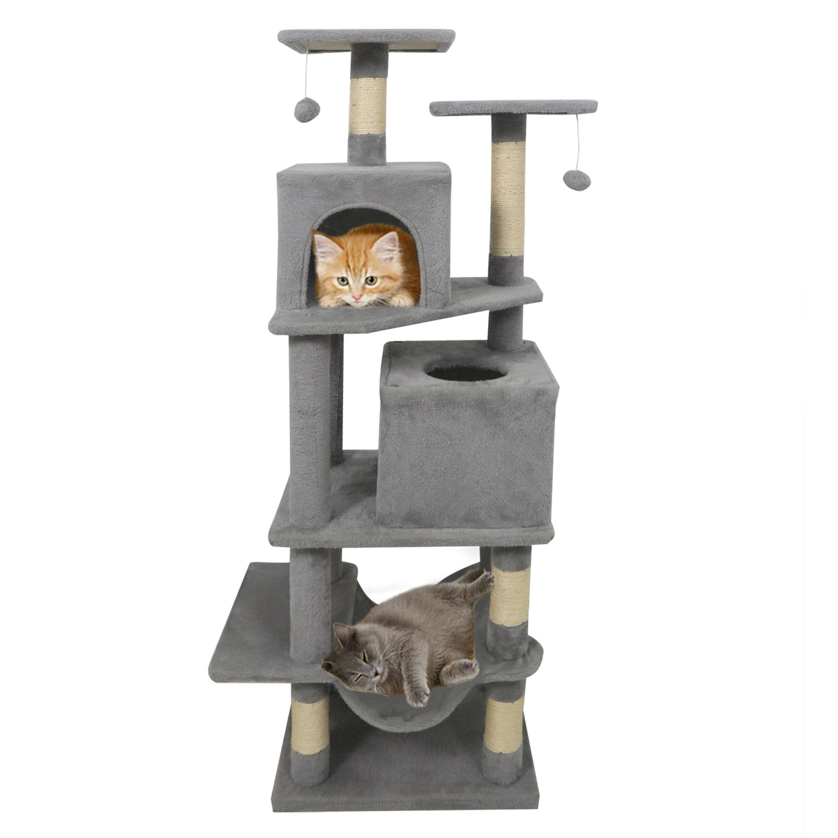 57 Inch Cat Tree with Dual Condos and Hammock and 2 Dangling Balls-Light Gray