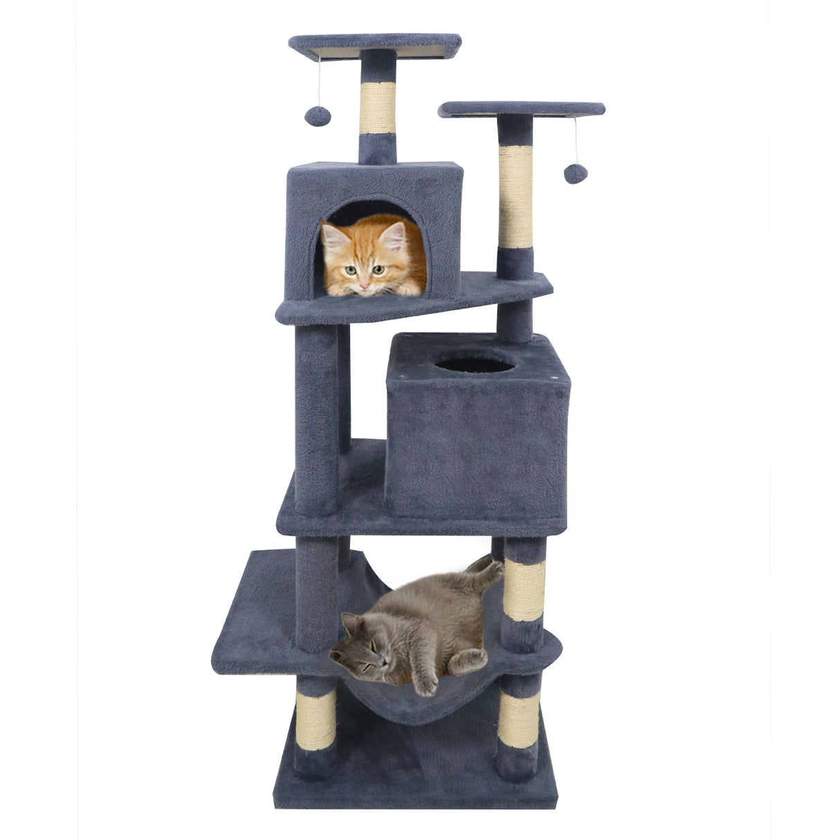 57 Inch Cat Tree with Dual Condos and Hammock and 2 Dangling Balls-Gray