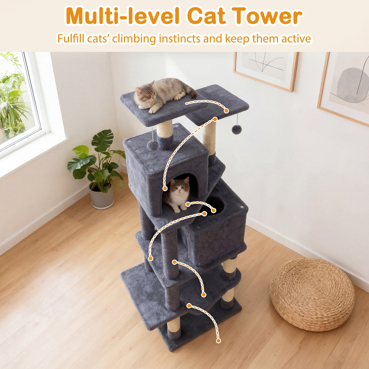 57 Inch Cat Tree with Dual Condos and Hammock and 2 Dangling Balls-Gray