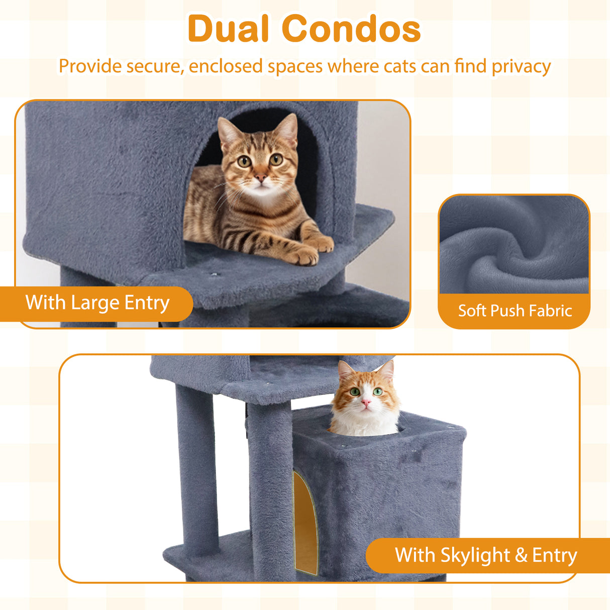 57 Inch Cat Tree with Dual Condos and Hammock and 2 Dangling Balls-Gray