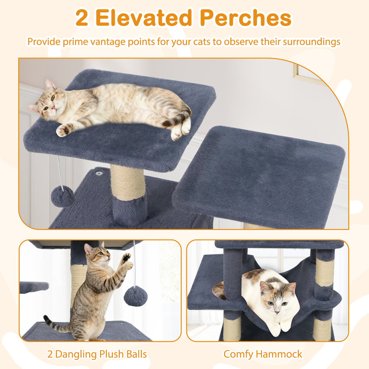 57 Inch Cat Tree with Dual Condos and Hammock and 2 Dangling Balls-Gray