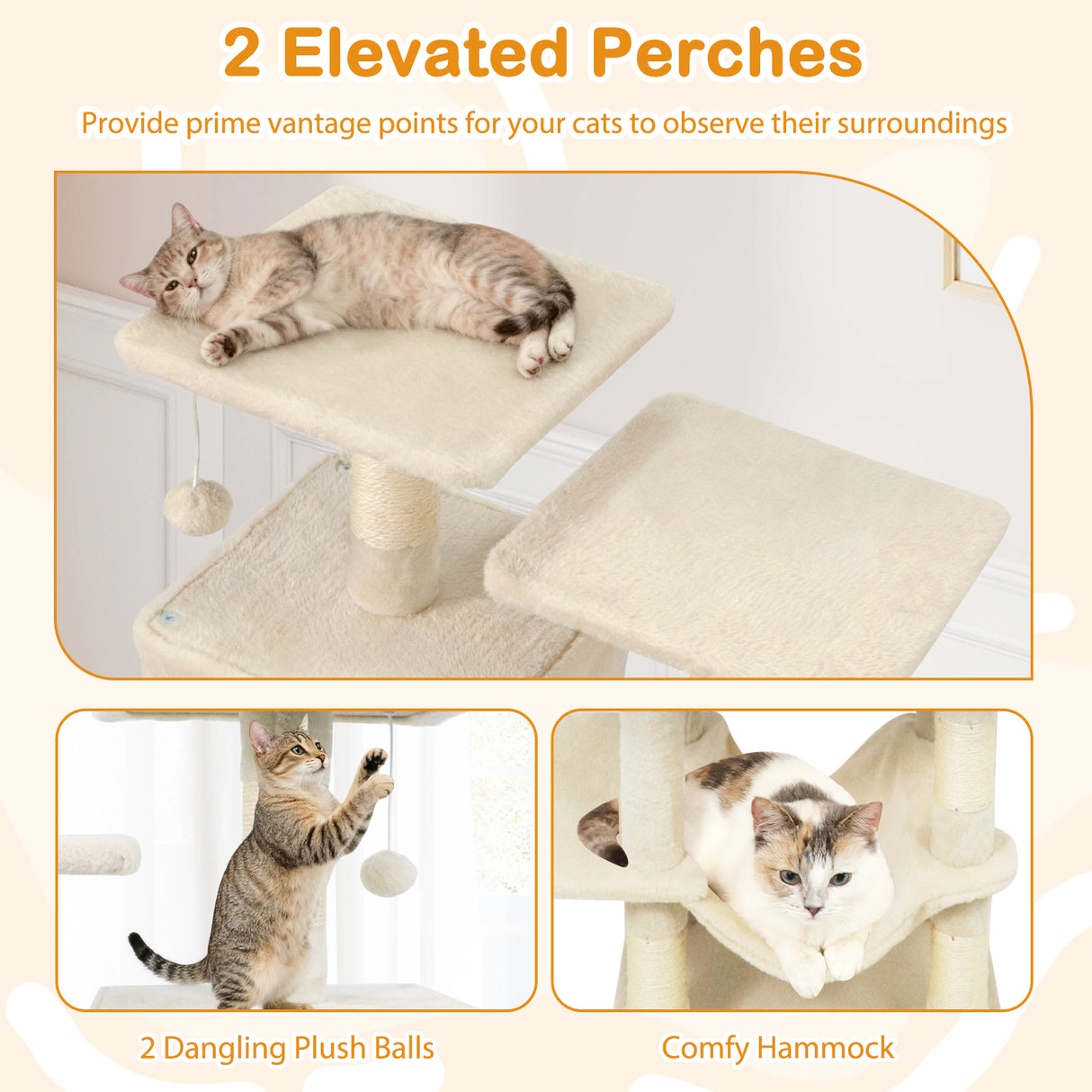 57 Inch Cat Tree with Dual Condos and Hammock and 2 Dangling Balls-Beige