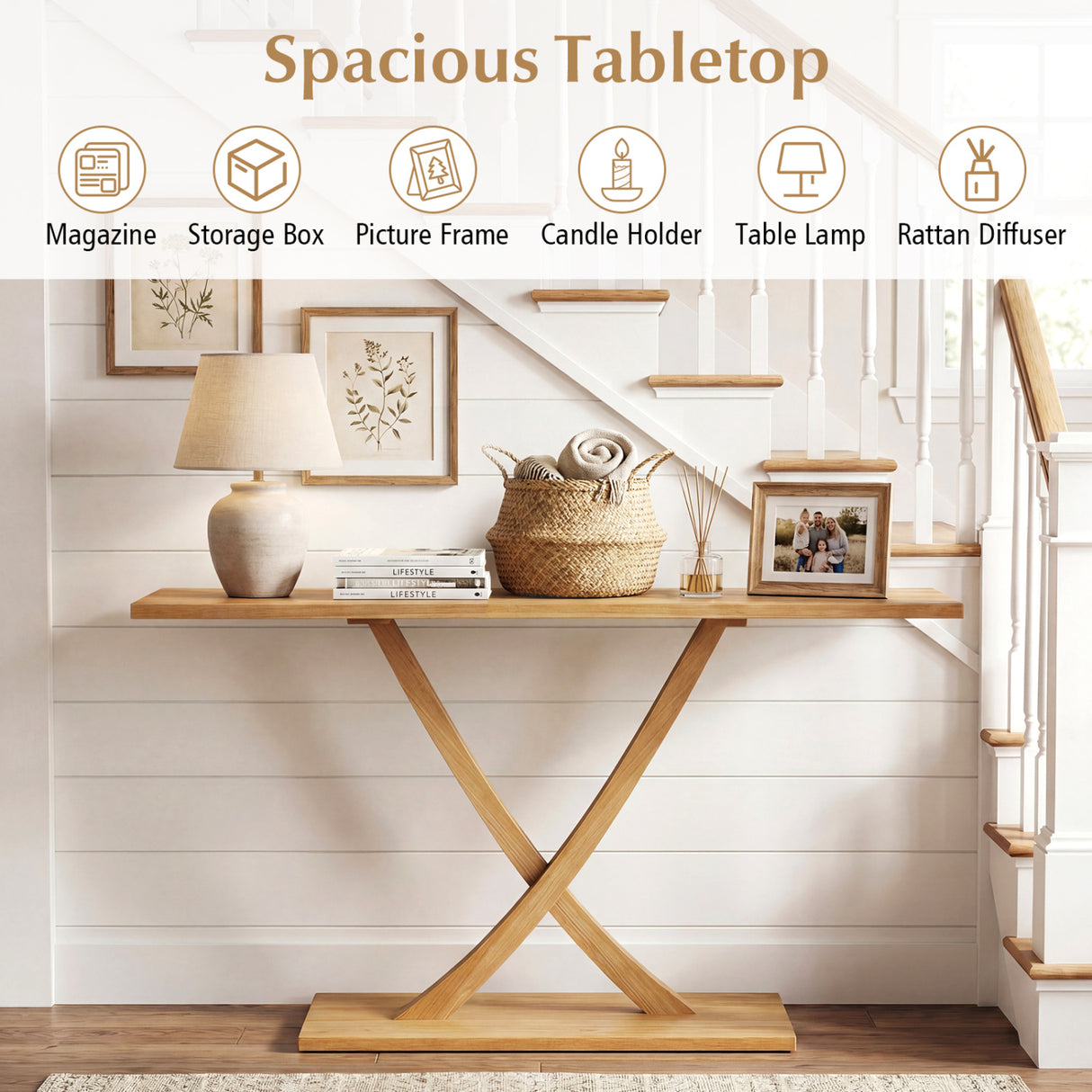 57 Inch Solid Wood Console Table with Teak Wood Frame and Geometric Design