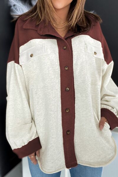 Unique Contrast Collared Pocketed Jacket with Button-Up Closure Modern Women Jacket