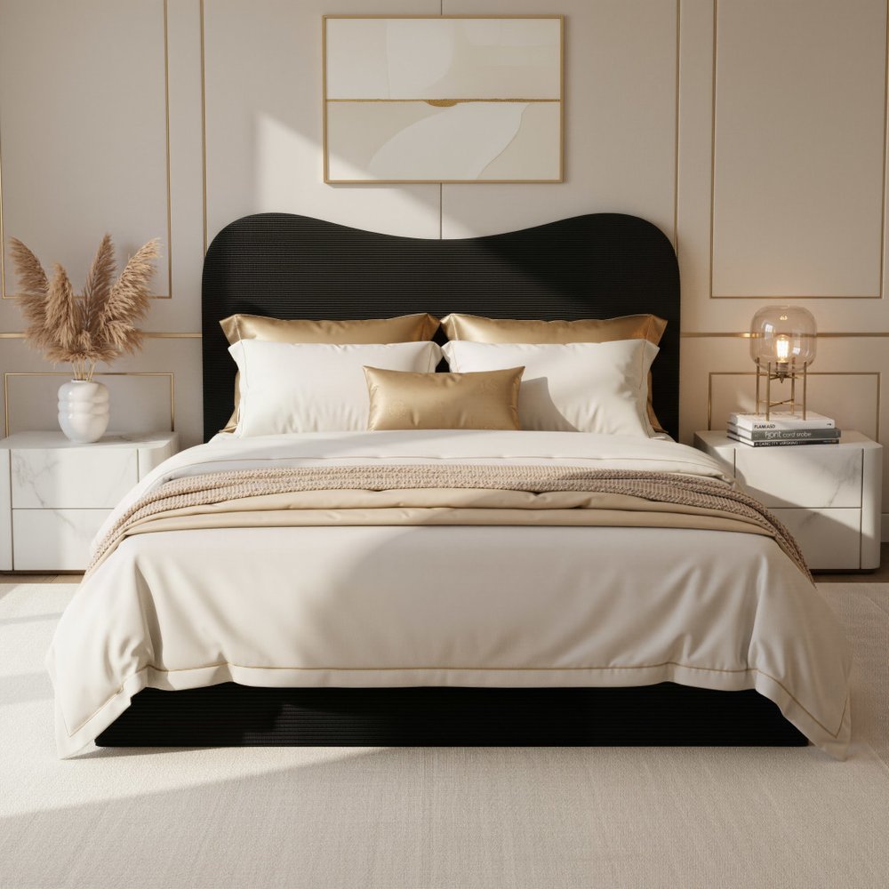 Black Ribbed Texture Velvet Upholstered Queen Bed Frame
