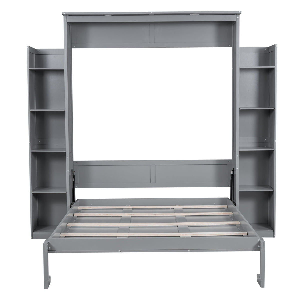 A partially unfolded Wall Murphy Bed With Shelves And LED Lights shows a gray frame on the wall. The bed features storage shelves on both sides, and its frame folds vertically into the wall unit when not in use.