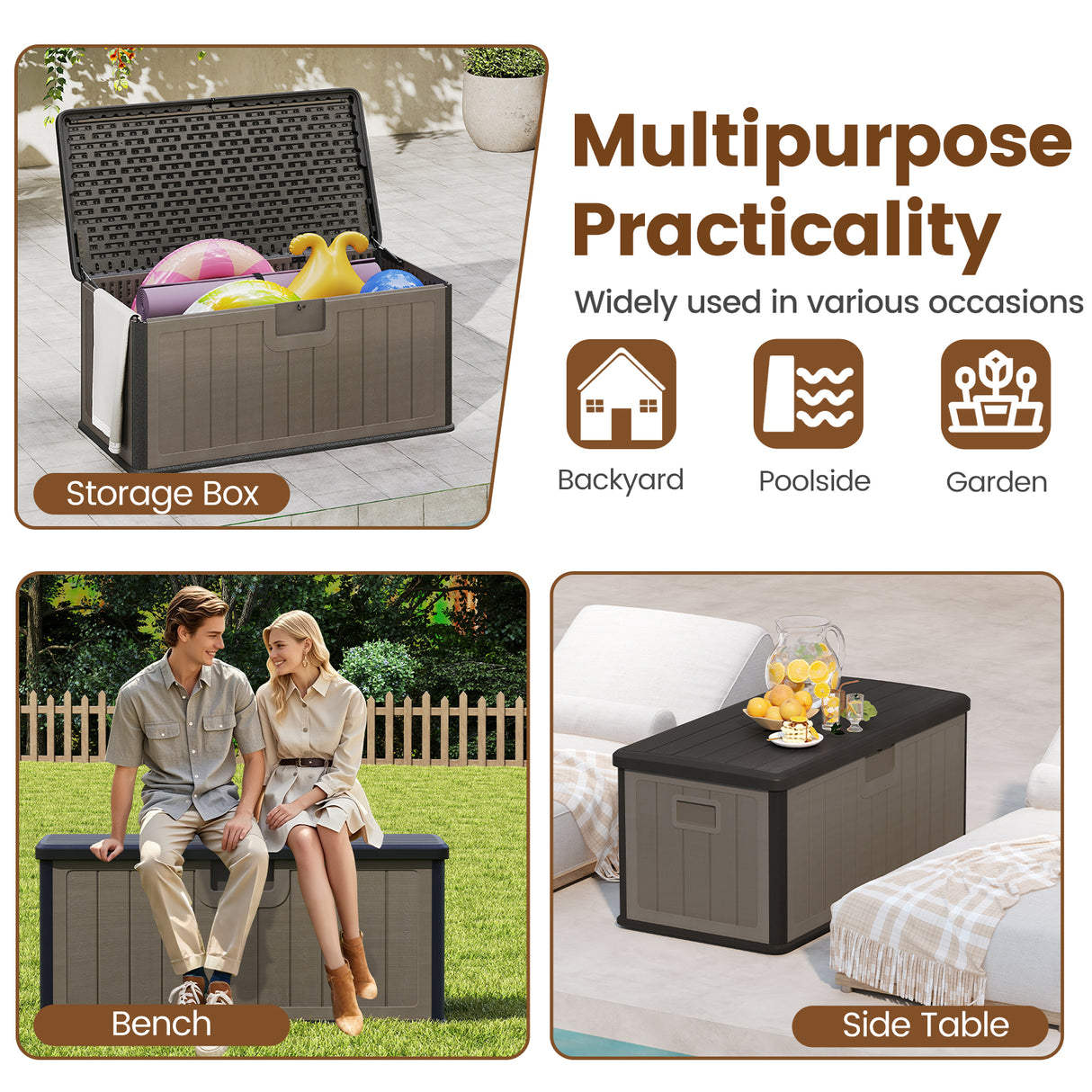 100 Gallon Large Deck Box with Lockable Lid for Patio-Black and Brown