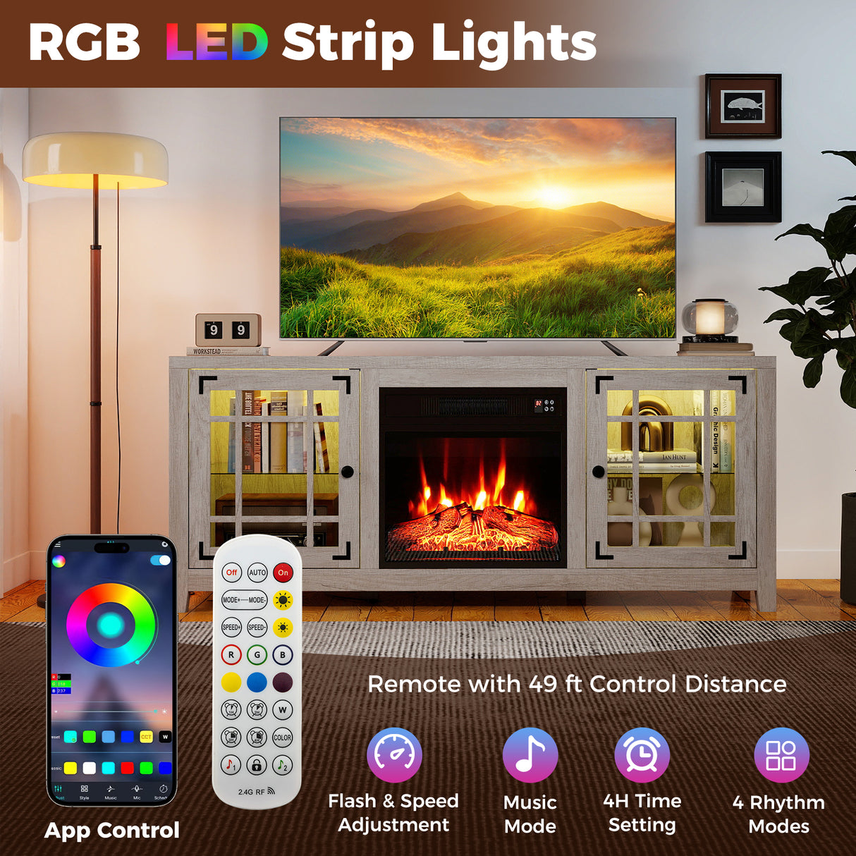 58" Fireplace TV Stand with LED Lights and 18" Electric Fireplace-Natural