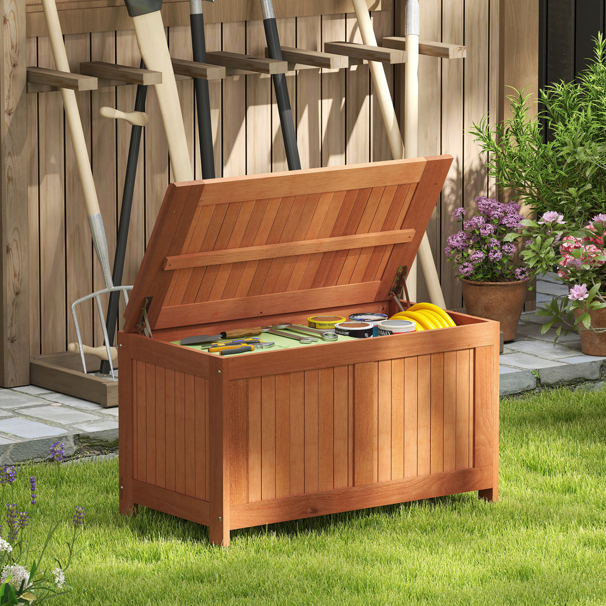 52 Gallon 3-in-1 Patio Wood Deck Box with Flip Top for Cushions