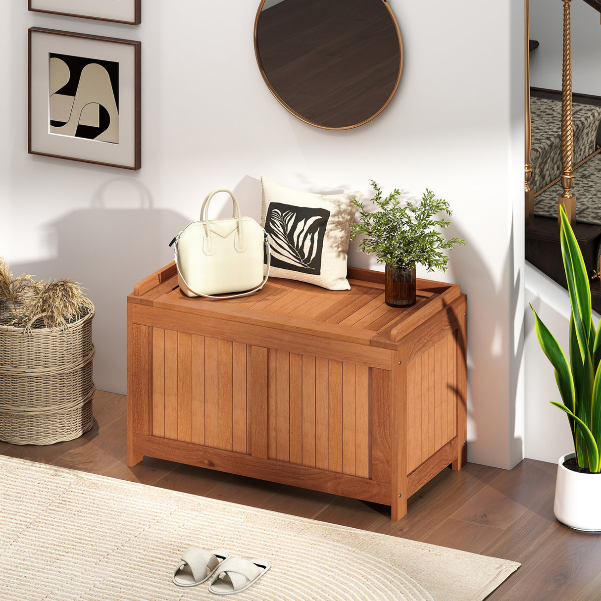 52 Gallon 3-in-1 Patio Wood Deck Box with Flip Top for Cushions