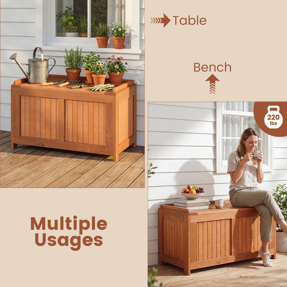52 Gallon 3-in-1 Patio Wood Deck Box with Flip Top for Cushions