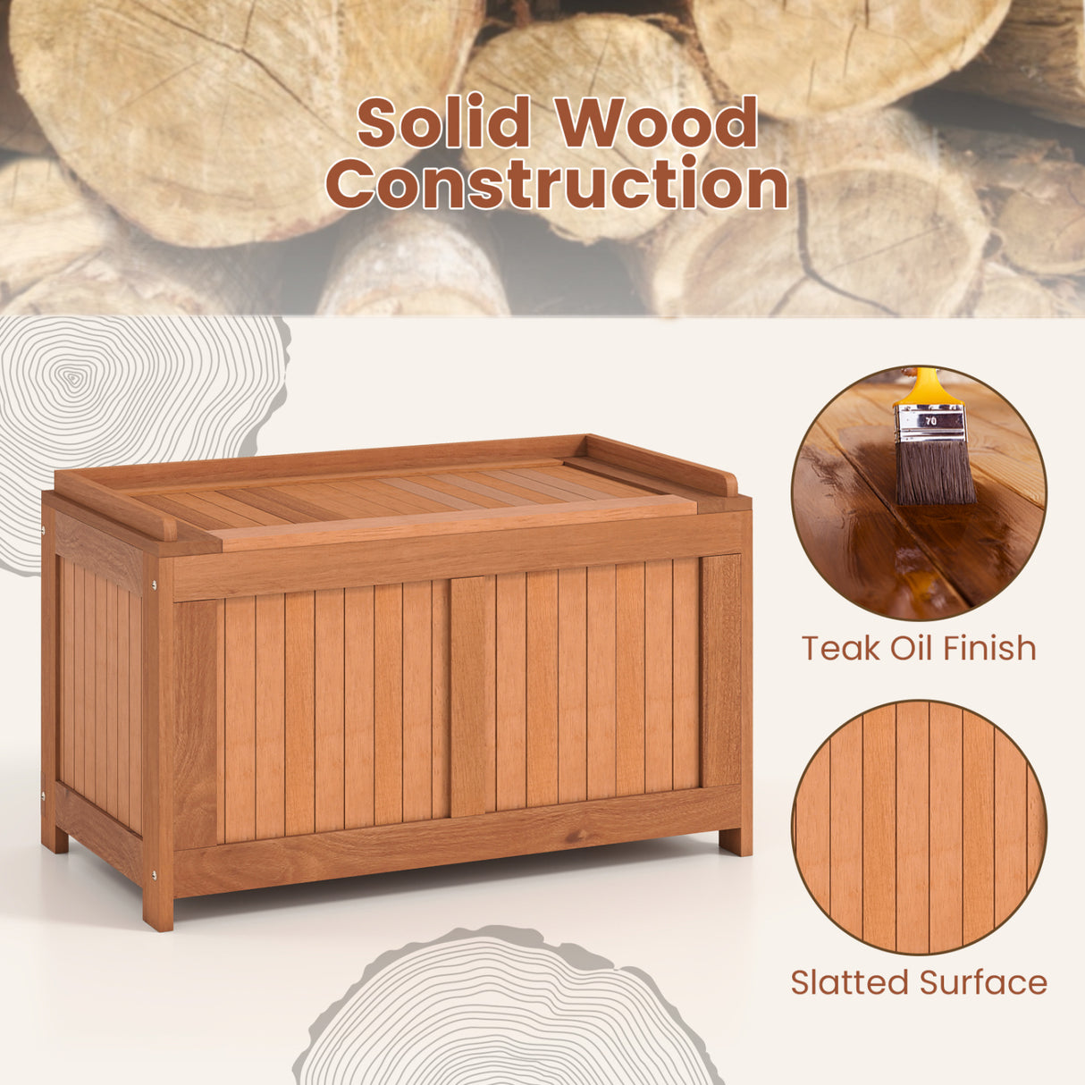 52 Gallon 3-in-1 Patio Wood Deck Box with Flip Top for Cushions