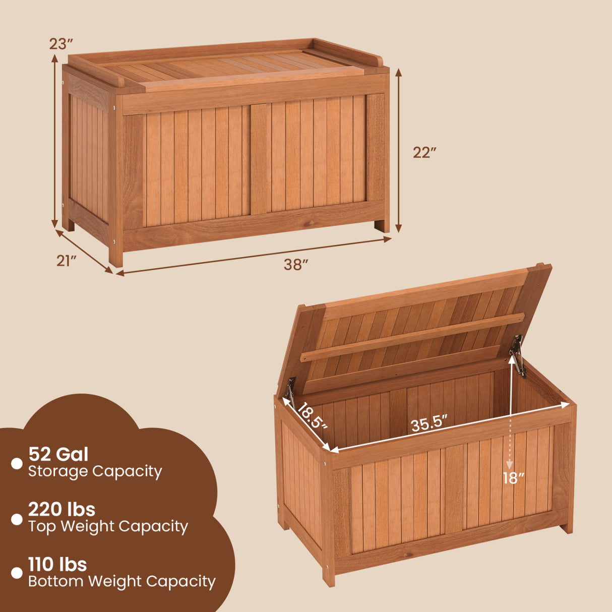 52 Gallon 3-in-1 Patio Wood Deck Box with Flip Top for Cushions