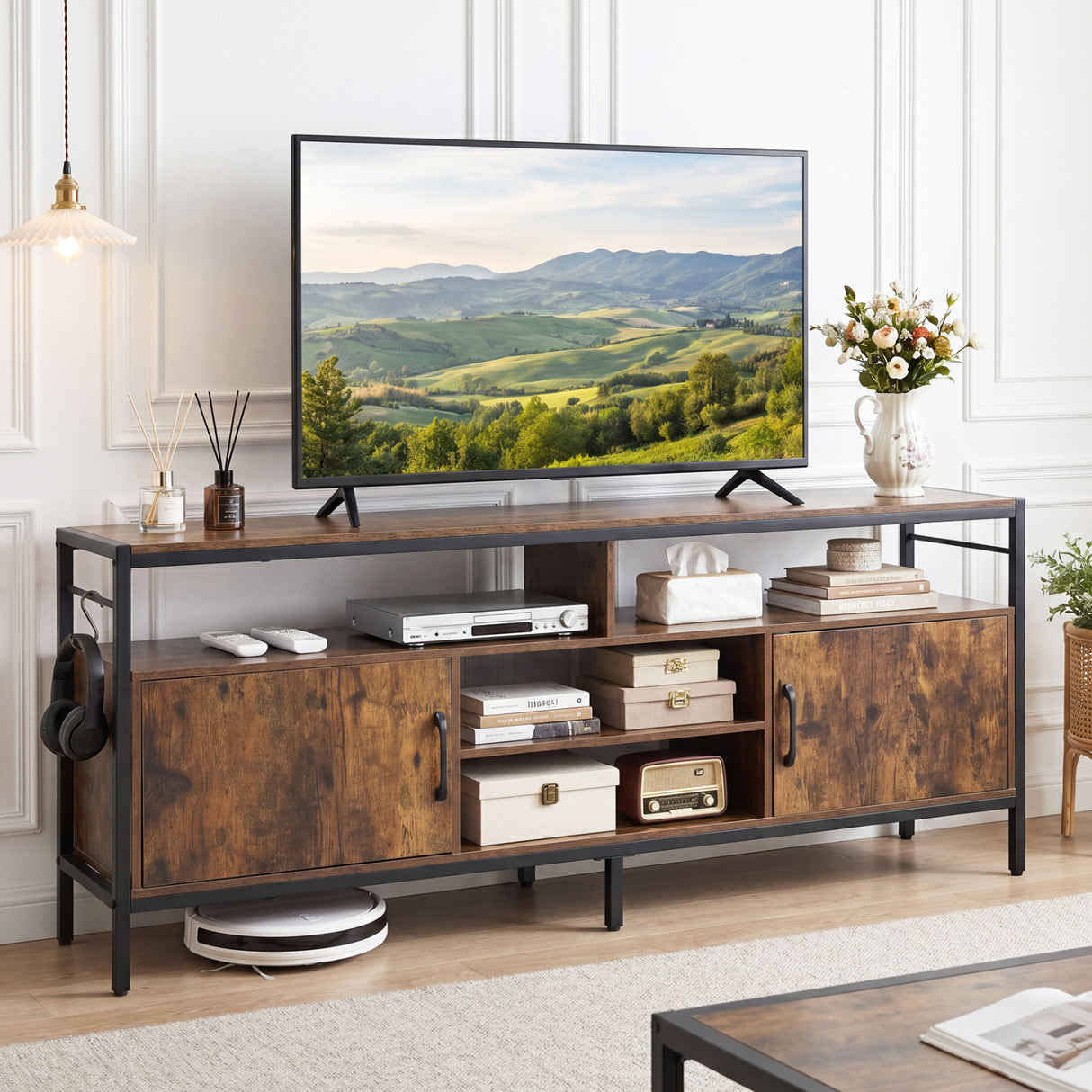 58 Inch Industrial TV Stand with Cabinets and Adjustable Shelf for TVs up to 65 Inch-Rustic Brwon