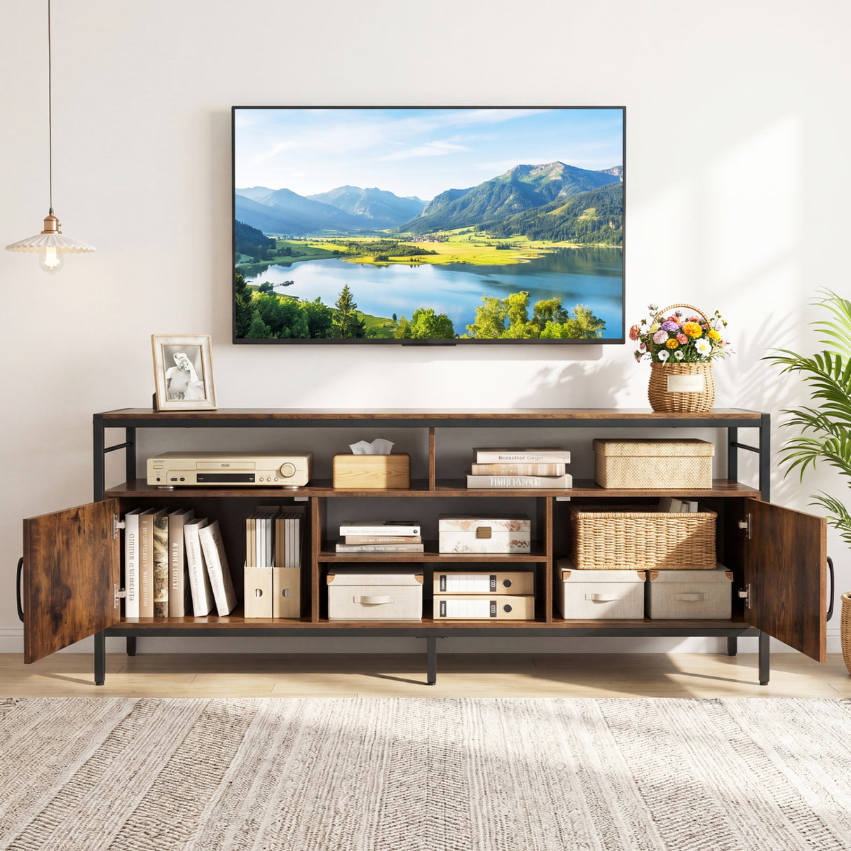 58 Inch Industrial TV Stand with Cabinets and Adjustable Shelf for TVs up to 65 Inch-Rustic Brwon