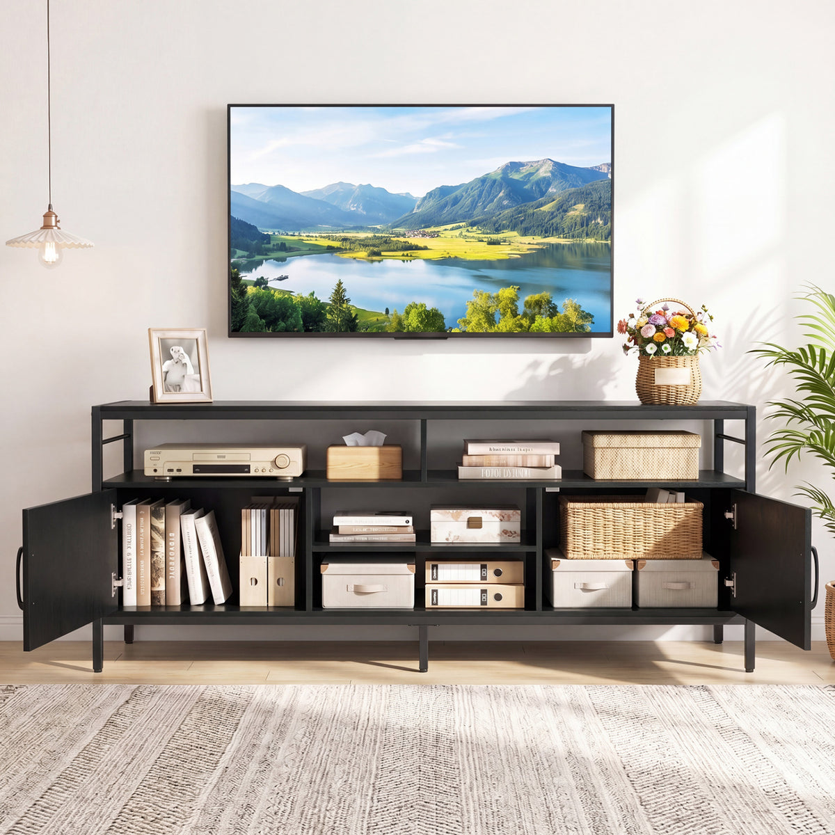 58 Inch Industrial TV Stand with Cabinets and Adjustable Shelf for TVs up to 65 Inch-Black