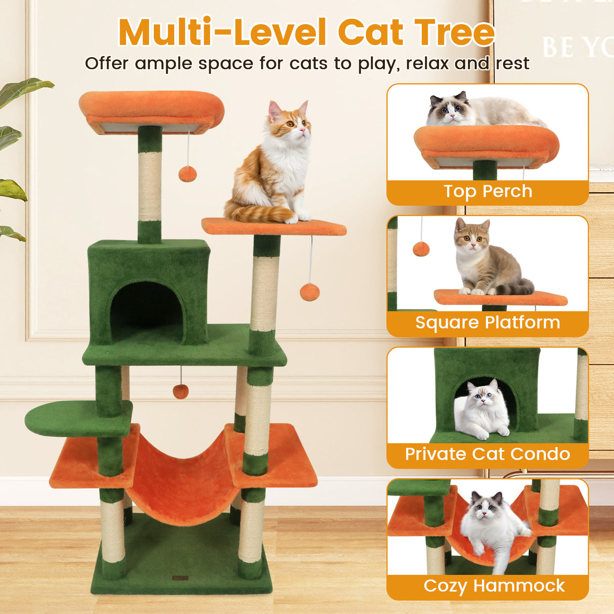 58" Multi-Level Cat Tree Soft Plush Cat Tower with Padded Top Perch-Green
