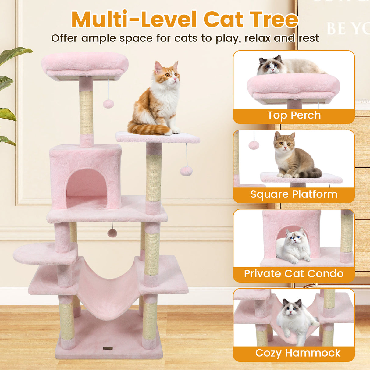 58" Multi-Level Cat Tree Soft Plush Cat Tower with Padded Top Perch-Pink