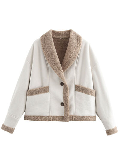 Fuzzy Collared Neck Long Sleeve Jacket with Buttoned Closure and Cozy Pockets