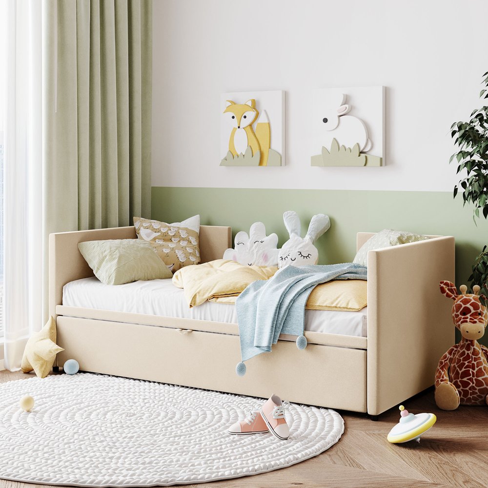 Beige Upholstered Twin Day Bed With Trundle