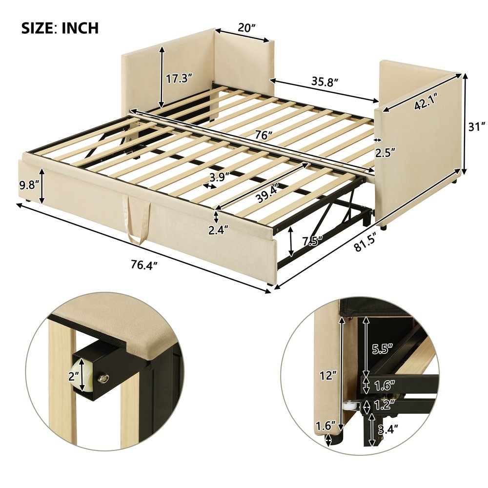 Beige Upholstered Twin Day Bed With Trundle