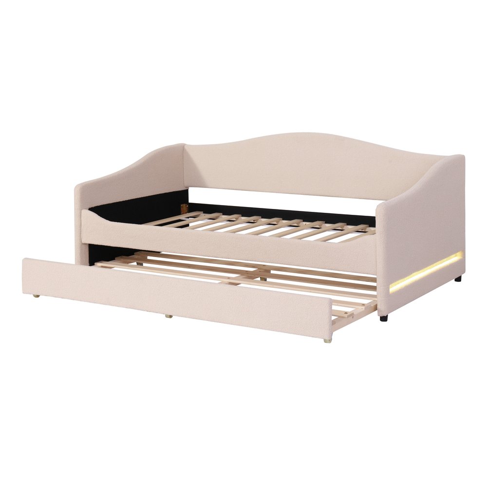 Beige Tufted Boucle Twin Day Bed With LED Lighting And Trundle And USB