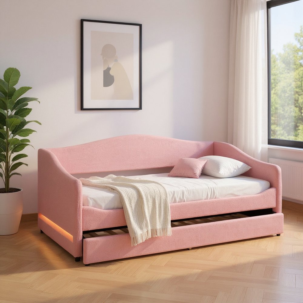 Pink Tufted Boucle Twin Day Bed With LED Lighting And Trundle And USB