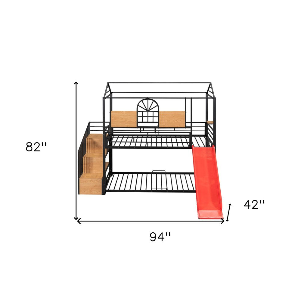 Black Twin Over Twin Dollhouse Metal Bunk Bed With Stairs And Slide And Storage