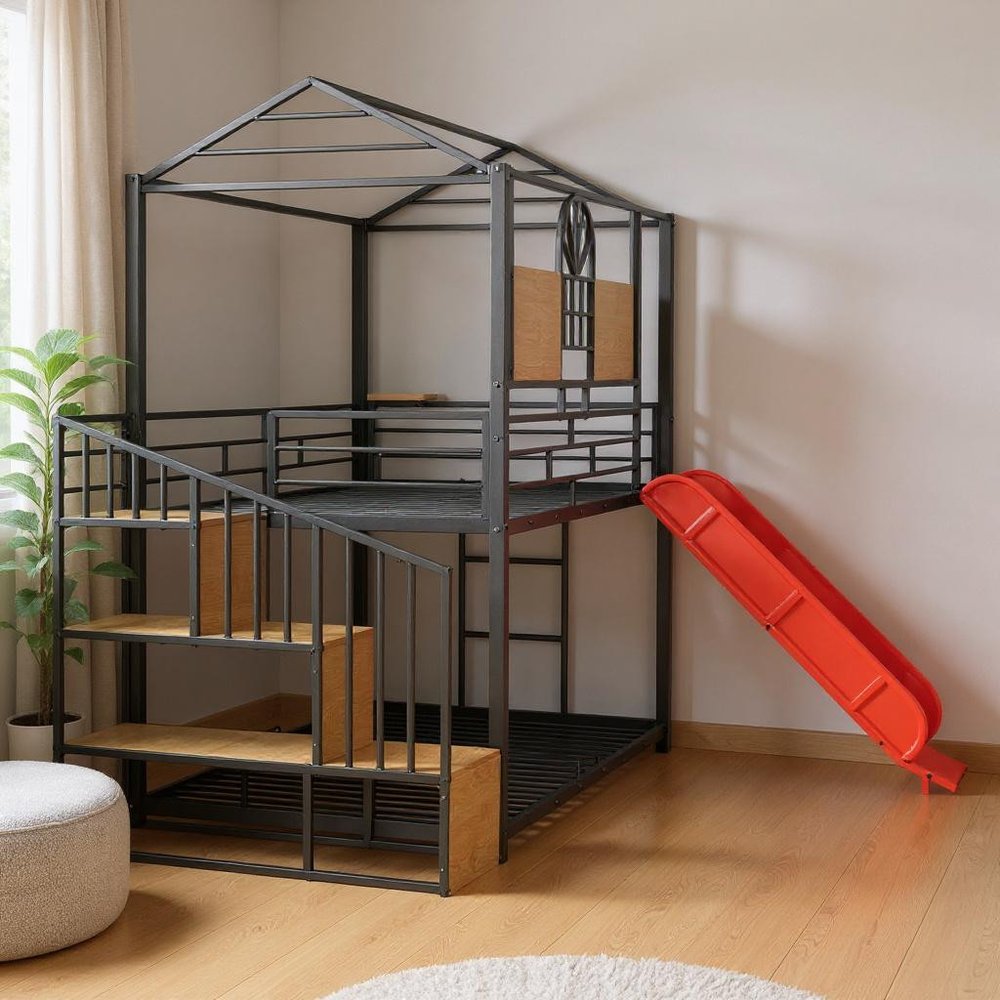 Black Twin Over Twin Dollhouse Metal Bunk Bed With Stairs And Slide And Storage