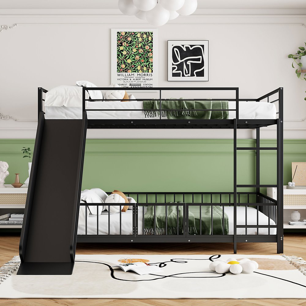 Black Full Over Full Metal Bunk Bed With Slide