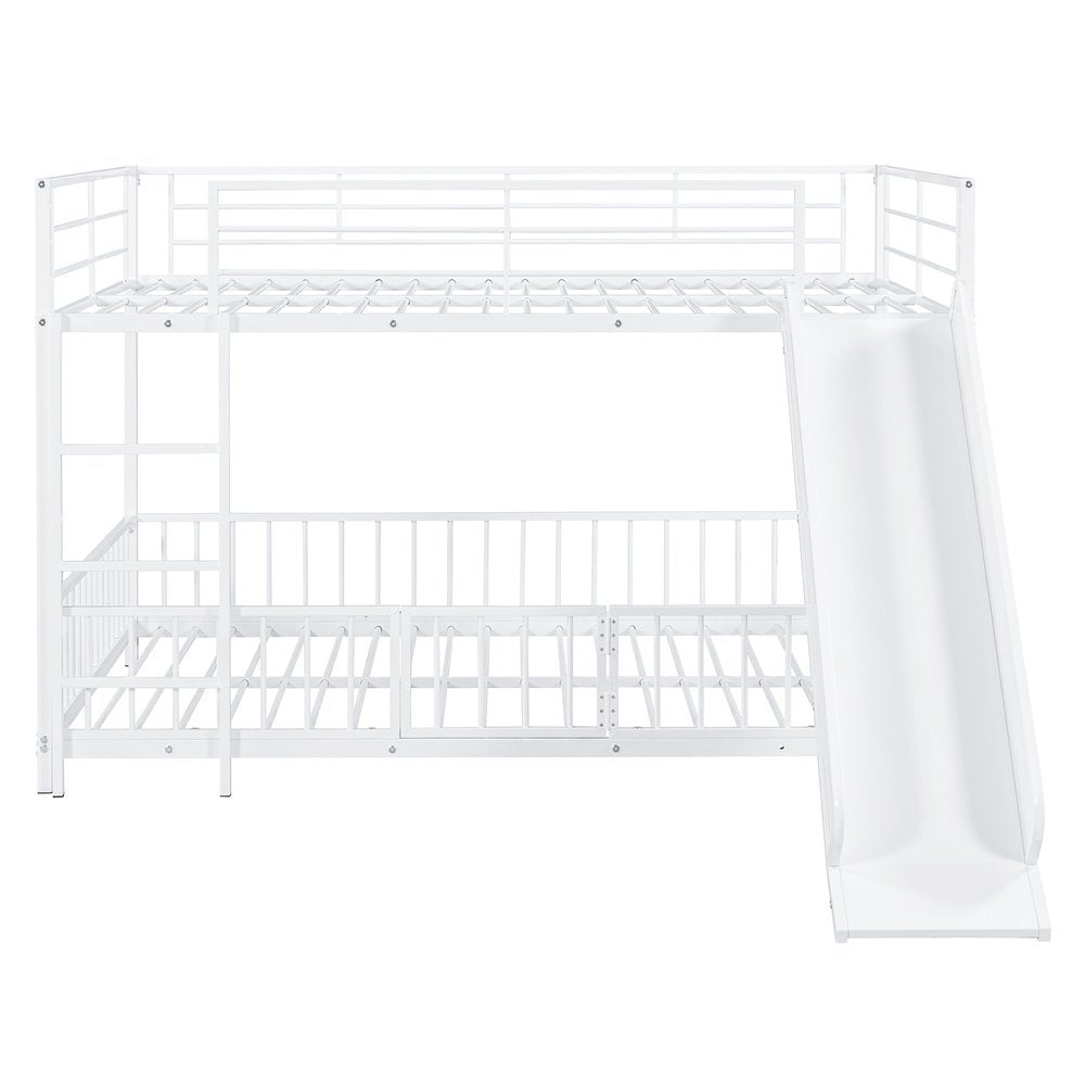White Full Over Full Metal Bunk Bed With Slide
