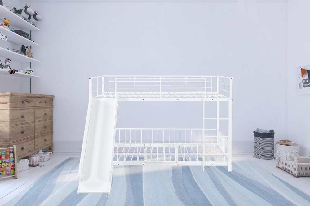 White Full Over Full Metal Bunk Bed With Slide