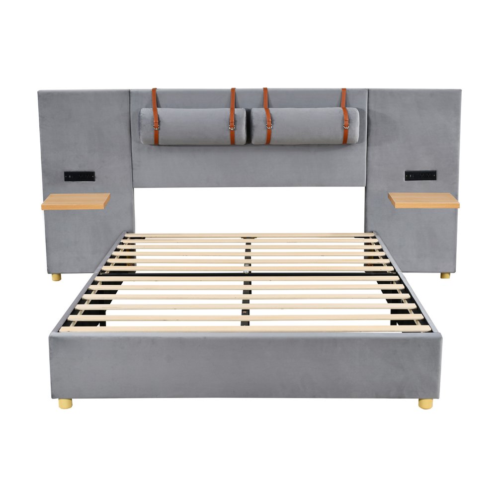 Gray Tufted Upholstered Queen Bed Frame With USB