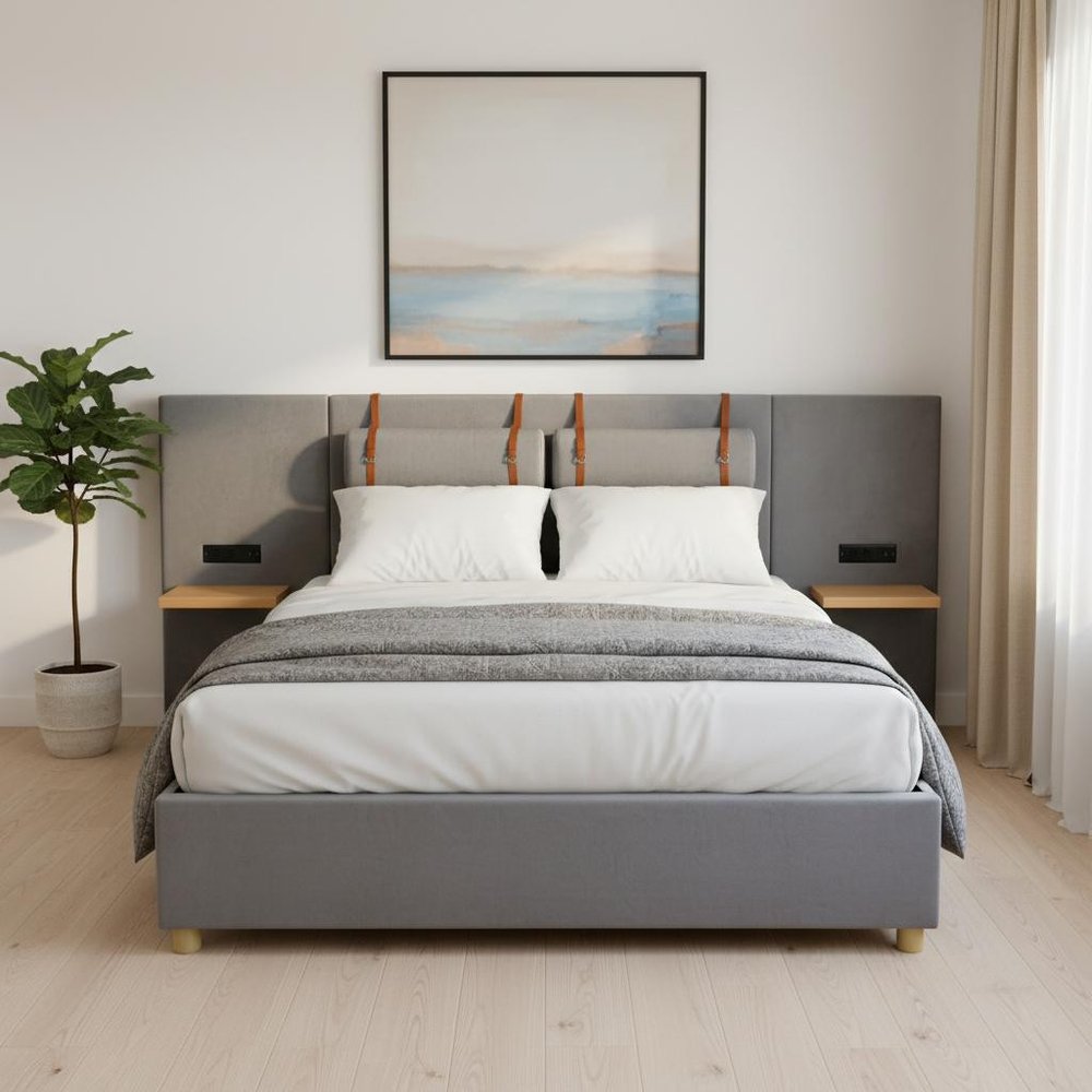 Gray Tufted Upholstered Queen Bed Frame With USB