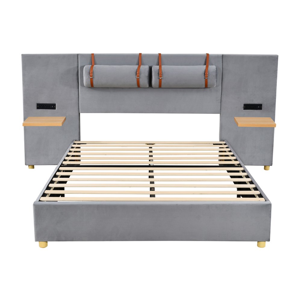 Gray Tufted Upholstered Queen Bed Frame With USB
