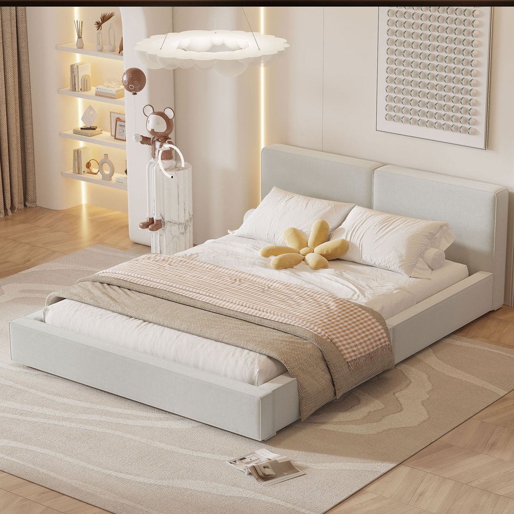 Beige Tufted Velvet Upholstered Queen Bed Frame