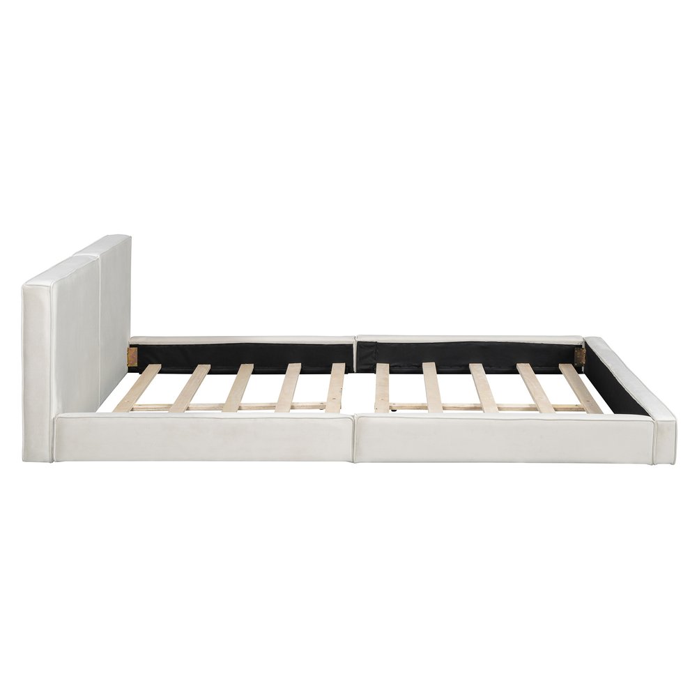 Beige Tufted Velvet Upholstered Queen Bed Frame