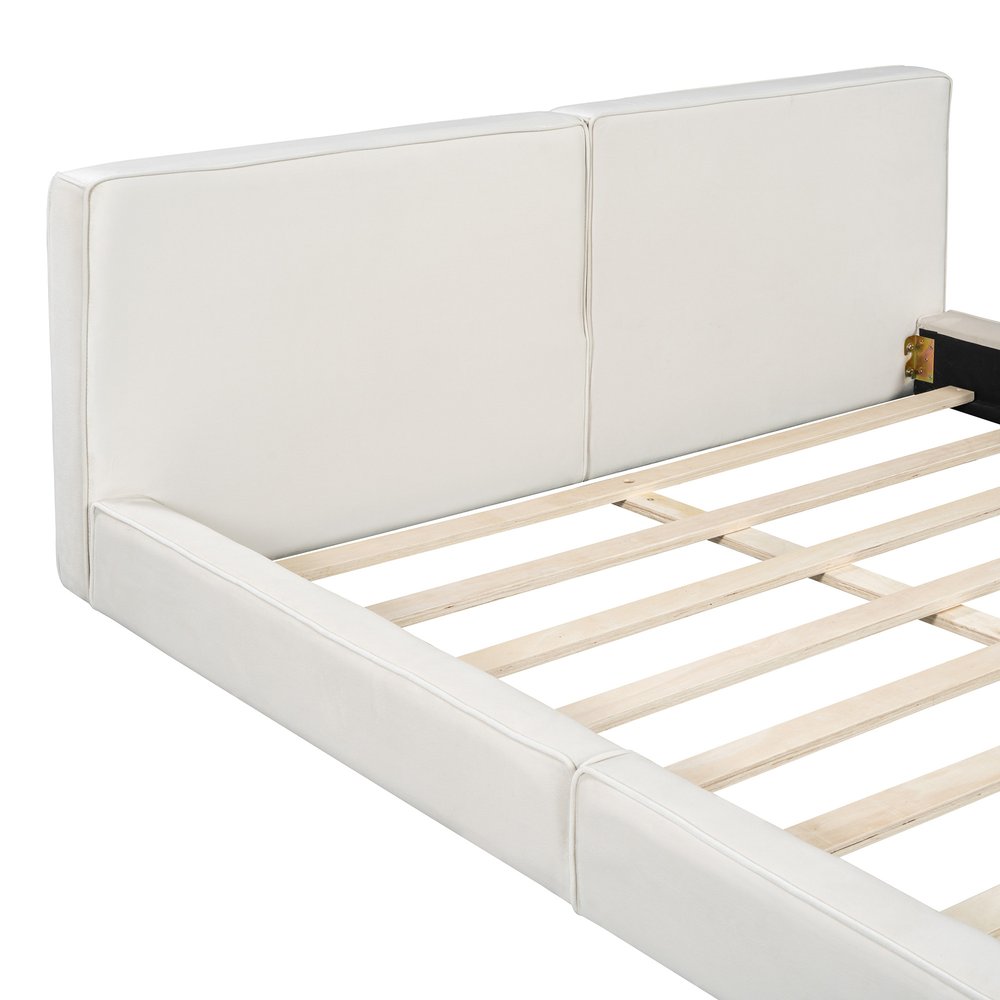 Beige Tufted Velvet Upholstered Queen Bed Frame
