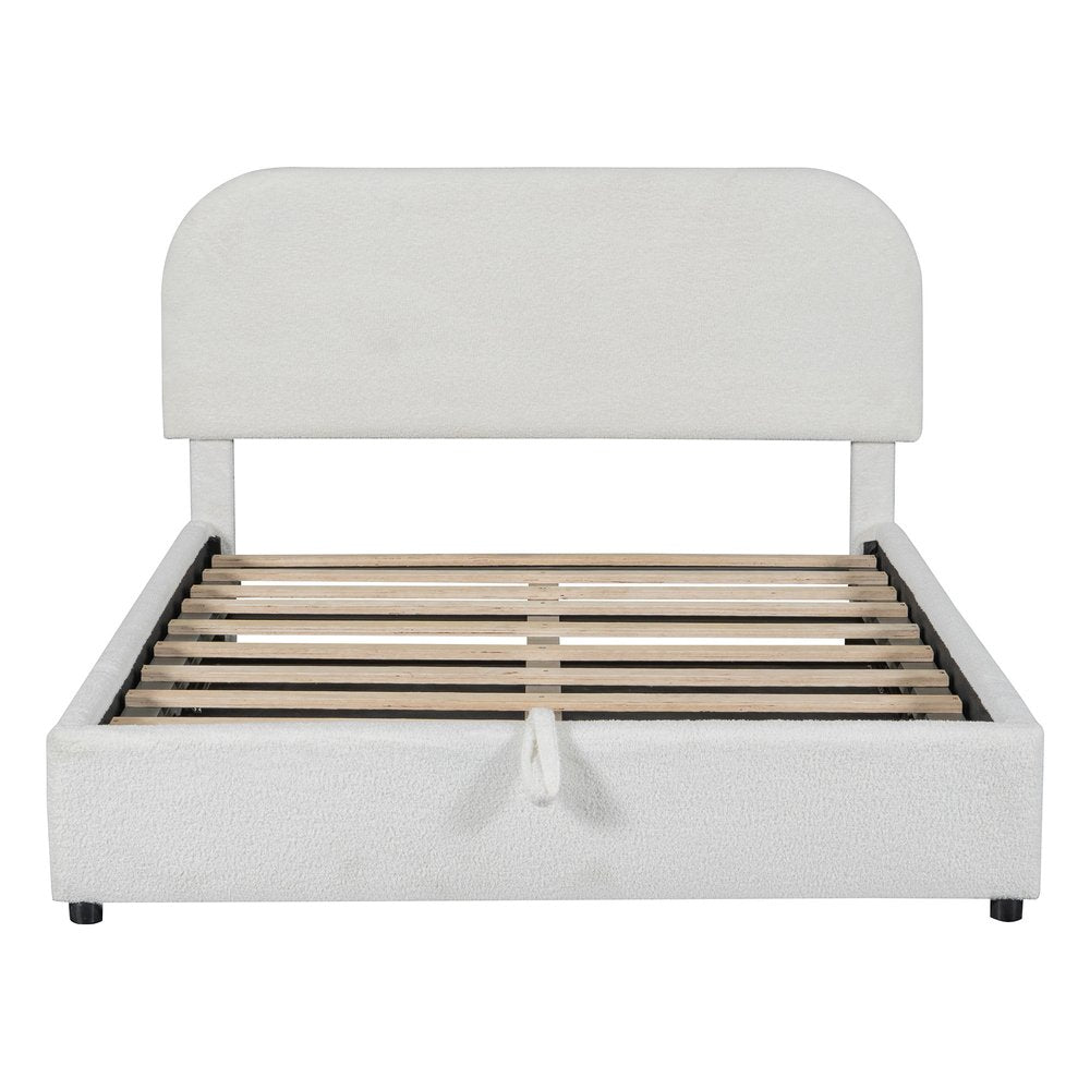 White Boucle Upholstered Full Bed Frame With Hydraulic Lift Storage