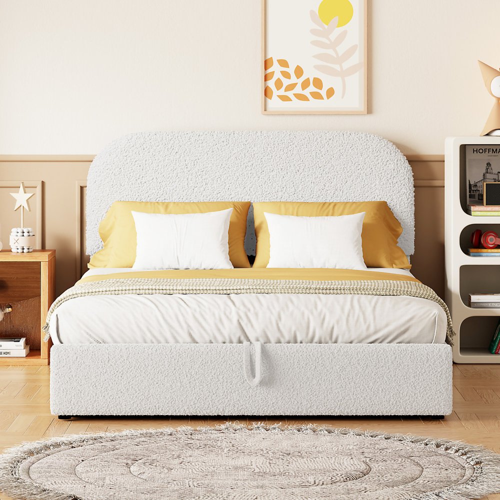 White Boucle Upholstered Full Bed Frame With Hydraulic Lift Storage