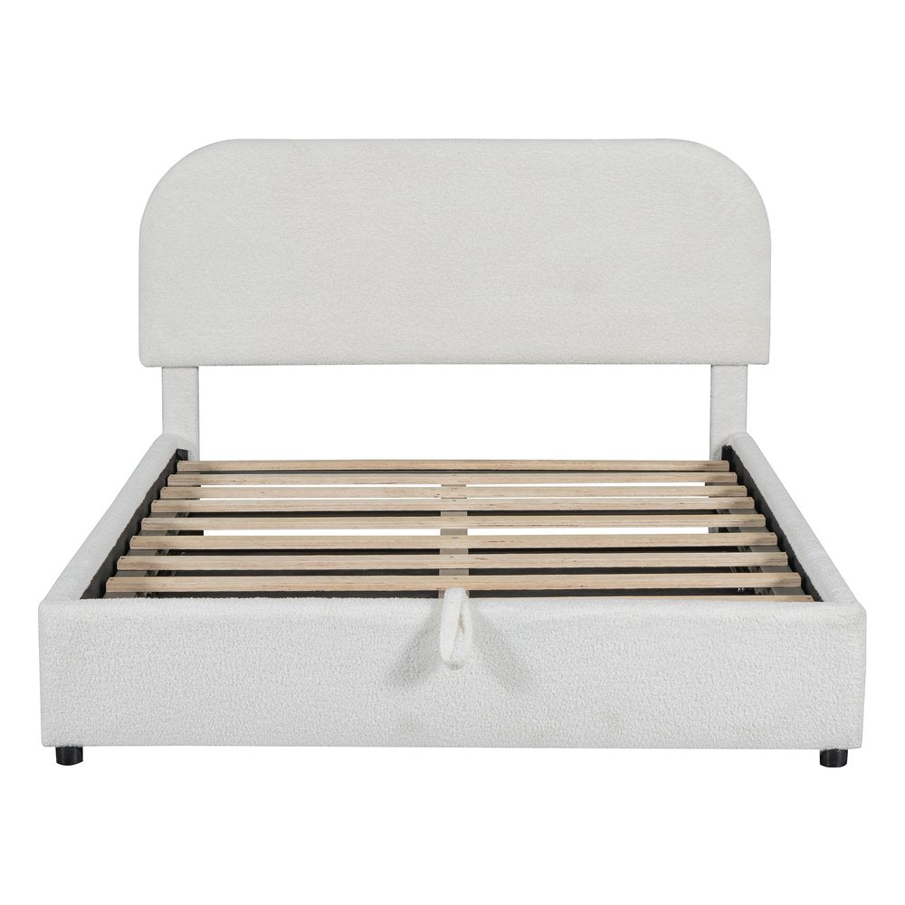 White Boucle Upholstered Full Bed Frame With Hydraulic Lift Storage