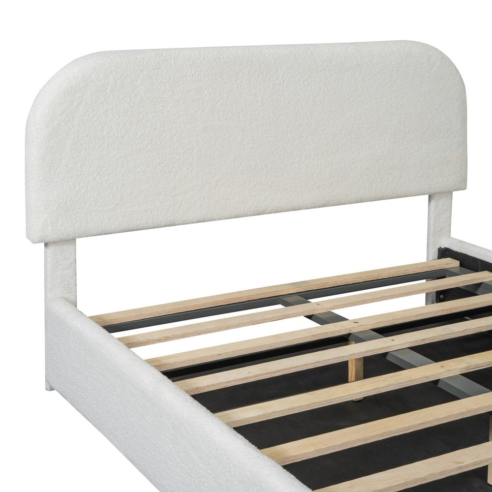 White Boucle Upholstered Full Bed Frame With Hydraulic Lift Storage
