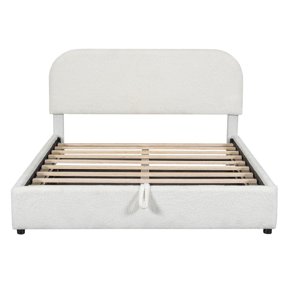 White Boucle Upholstered Queen Bed Frame With Hydraulic Lift Storage