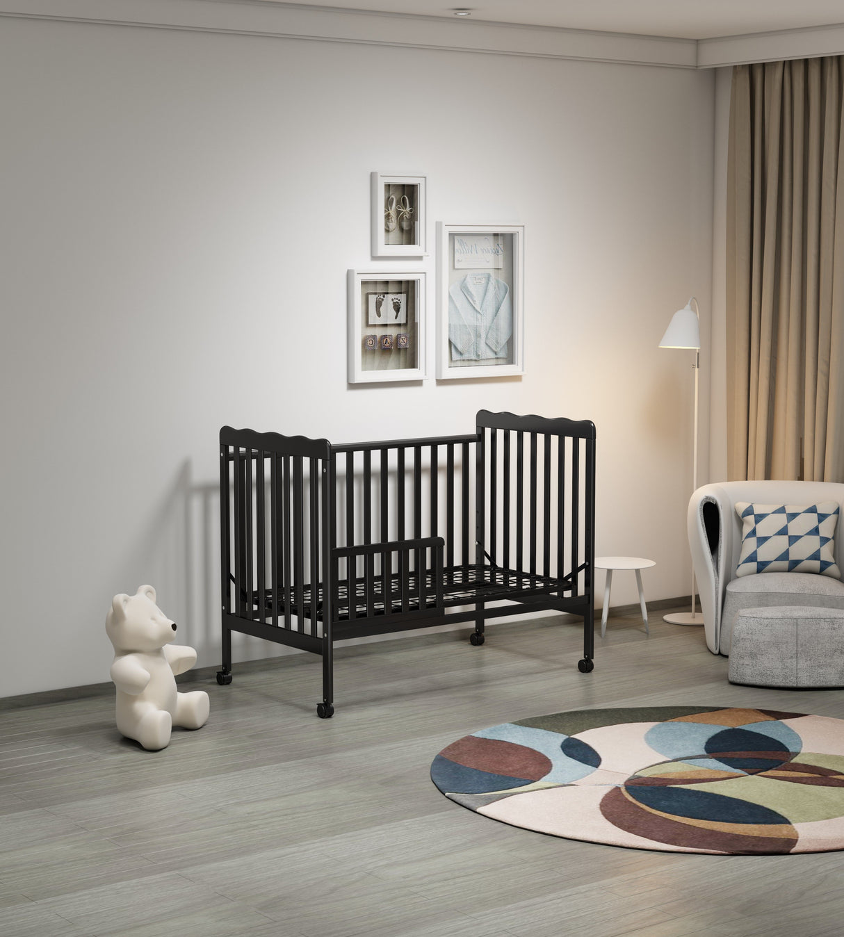 Crib 3 In 1 Convertible, Made Of Sustainable Pinewood, Non Toxic Finish, Comes With Locking Wheels, Wooden Nursery Furniture by Couch.com