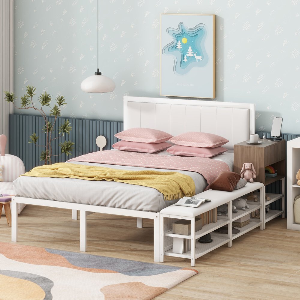 White Metal And Tufted Upholstery Upholstered Full Bed Frame