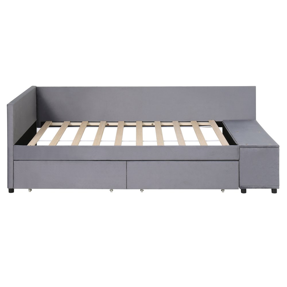Gray Tufted Velvet Upholstered Twin Bed Frame With Drawers