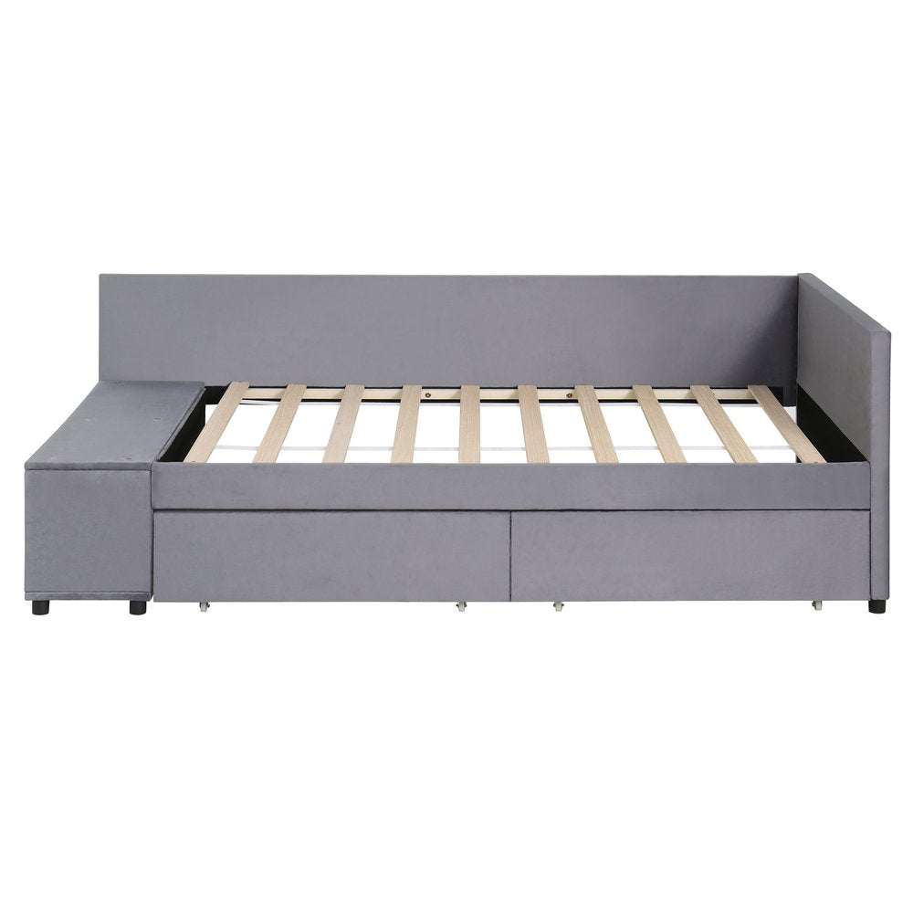 Gray Tufted Velvet Upholstered Twin Bed Frame With Drawers